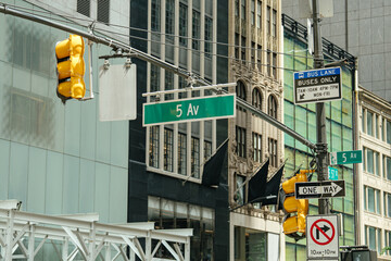 Green Fifth Avenue street signs, yellow traffic lights, and bus lane signage mark a busy New York City intersection. Iconic urban architecture frames the scene in the background.
