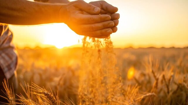 Golden wheat grains pouring from cupped hands at sunset in a field, symbolizing abundance and harvest