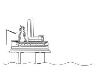 Ocean petrol drilling platform in single outline illustration. Continuous line art drawing of Offshore oil rig in the ocean. Editable stroke.