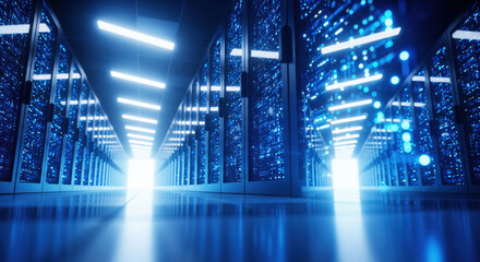 Modern data center with blue server racks and digital lights