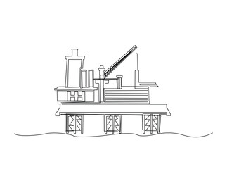 Ocean petrol drilling platform in single outline illustration. Continuous line art drawing of Offshore oil rig in the ocean. Editable stroke.