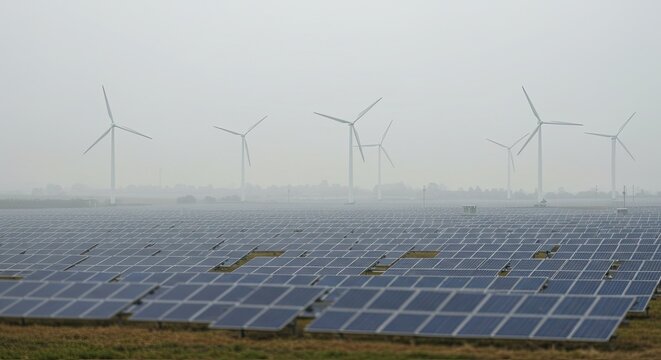 Vast solar panel array stretches towards distant wind turbines under a hazy sky, showcasing expansive renewable energy production in a modern, sustainable landscape.