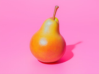A ripe, golden-red pear sits upright against a bold pink background under harsh studio lighting. Minimal fruit photography with vibrant pop-art aesthetic.