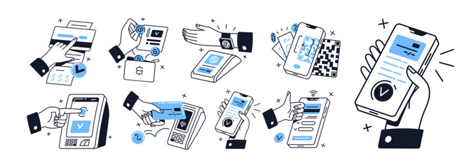 Contour concept set of contactless cashless payment technology. Hands pay by pos machine by credit card, mobile phone, watches. NFC tech. Flat isolated outline vector illustrations on white background