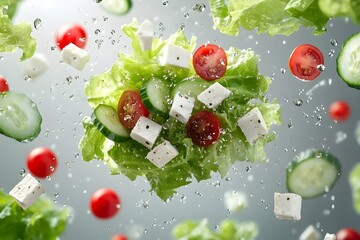 Fresh spring salad ingredients like feta, tomatoes, and cucumbers floating in the air for a vibrant, healthy lifestyle concept
