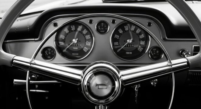 Vintage Car Dashboard Steering Wheel and Gauges photo - Powered by Adobe