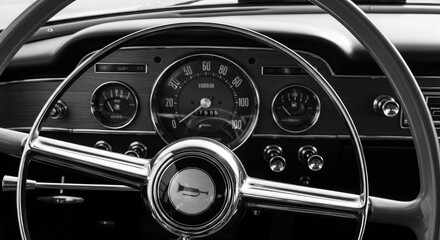 Vintage Car Dashboard Steering Wheel and Gauges Black and White
