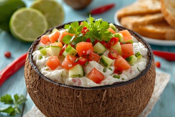 Spicy Vegetable Salad with Coconut Cream Served in Coconut Shell