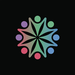 Abstract circular arrangement of stylized human figures with gradient colors on black background circle