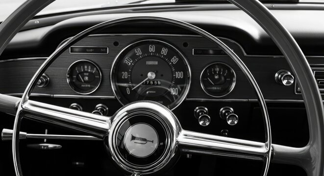 Fototapeta Vintage Car Dashboard Steering Wheel and Gauges Black and White
