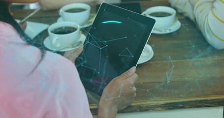 woman lifting tablet from table starting tech network scanning fingerprint, locks securing access - Powered by Adobe