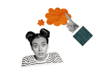 Composite collage picture image of frightened nervous young female thinking cloud hand pressure bizarre unusual fantasy billboard comics