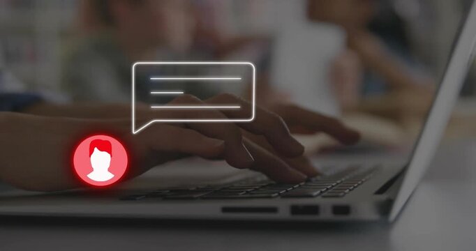 Student typing message to send on laptop in school lab, user icon fading in bubble pulsing