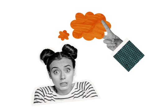 Composite collage picture image of frightened nervous young female thinking cloud hand pressure bizarre unusual fantasy billboard comics - Powered by Adobe