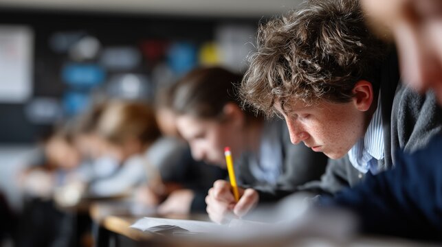 &Aacute;&permil;tudiant concentr&eacute; &eacute;crivant pendant un examen dans une salle de classe
