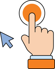 Hand pressing orange button with blue cursor icon finger pushing