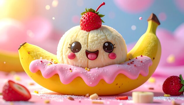 Adorable cartoon banana split dessert with cute eyes