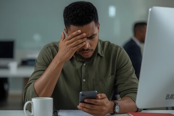 Stressed Man Looking at Smartphone in Office
