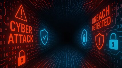 Visual representation of cyber security threats with digital icons for cyber attack and breach detection in a futuristic setting. - Powered by Adobe