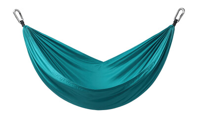 A portable nylon hammock with carabiners for easy setup on a small terrace.