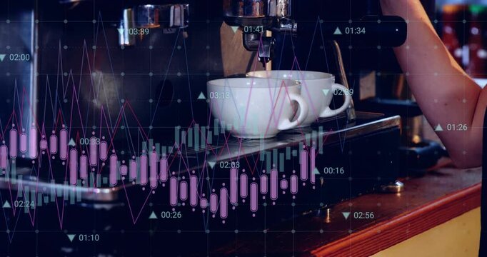Barista's arm locking portafilter activating brew as charts animating for market and filling cups