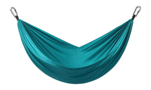 A portable nylon hammock with carabiners for easy setup on a small terrace.