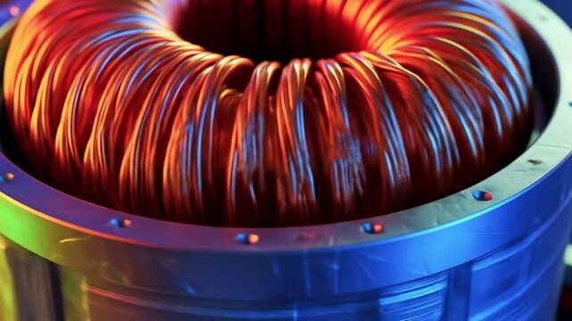 A close-up of a copper coil, bathed in a gradient of red, orange, and blue light