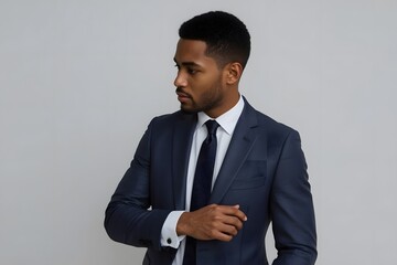 Stylish Businessman in Suit Adjusting Jacket