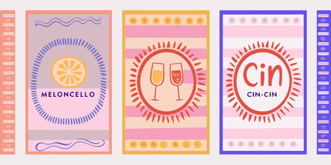 Three stylized posters featuring drinks and celebratory messages with a retro aesthetic