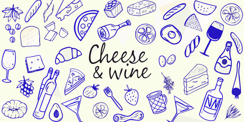 Hand drawn blue ink sketch of cheese and wine elements with text
