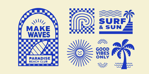 Collection of retro inspired blue and white graphic design elements for surf and beach themes © Roni