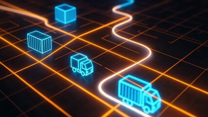 Futuristic transport concept with glowing trucks and cargo boxes on a digital map, showcasing modern logistics and delivery systems. - Powered by Adobe