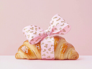 A croissant tied with a pink leopard-print ribbon sits on a pastel pink background. Whimsical food concept blending French pastry with gift aesthetics.
