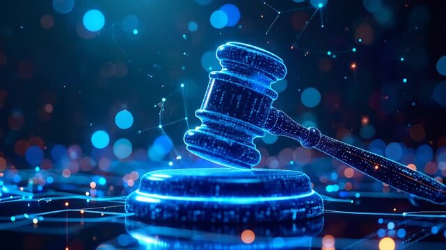 Digital Justice A Futuristic Courtroom Concept with Glowing Judge's Gavel and Cyberpunk Vibe