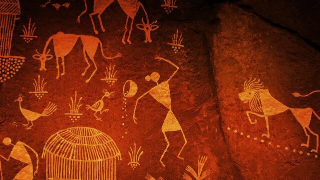 Native Art On Rock Face In Fire Glow
