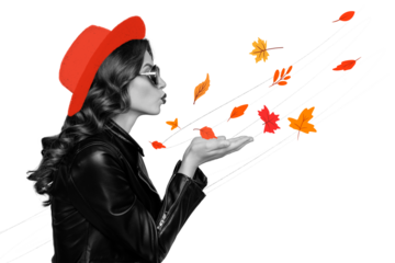 Composite photo collage of glamour happy girl blow hands dry leaves foliage autumn september season isolated on painted background