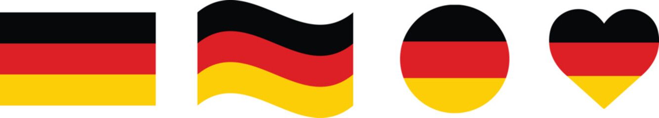 German Flag Vector Icons in Different Shapes. Square, Wavy, Oval, and Heart