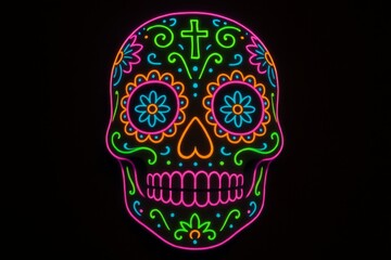 Neon outline of a decorated sugar skull with bright pink, green, orange, and blue lights against a dark background.