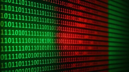 Close-up view of binary code in green and red colors on a digital screen, showcasing the essence of computer programming and data. - Powered by Adobe