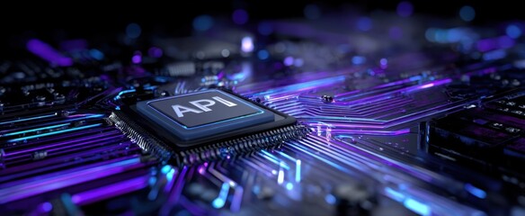 The API microchip glowing with neon circuits and futuristic digital connectivity
