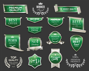 Collection of sale tags labels ribbon emblems and badges white text on white background stock illustration 
