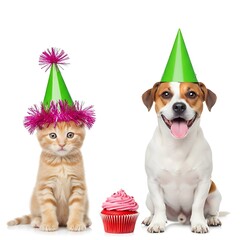 Orange kitten and Jack Russell dog wearing party hats with cupcake