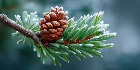 Frost-covered pine cone on evergreen branch winter wonderland nature photography serene environment close-up view natural beauty