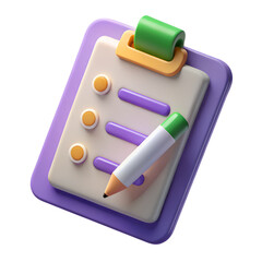 Creative 3D render of checklist clipboard with green and orange elements and white pencil.eps