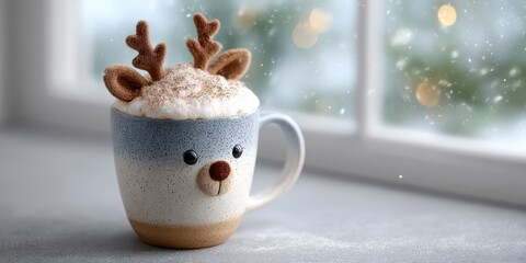Festive hot chocolate in a reindeer mug cozy home setting food photography winter wonderland warm and inviting atmosphere