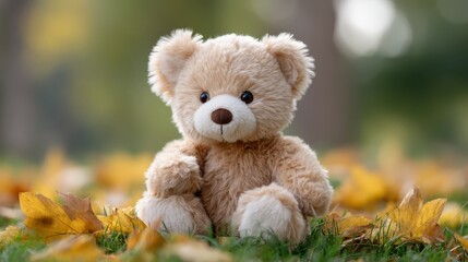 Cute teddy bear surrounded by autumn leaves outdoor nature setting close-up photography warm atmosphere