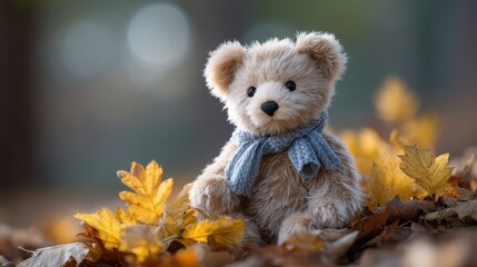 Whimsical teddy bear among autumn leaves outdoor setting plush toy photography nature close-up playfulness