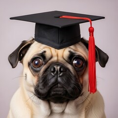 Pug dog wearing a black graduation cap with red tassel