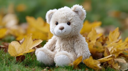 Cuddly teddy bear surrounded by autumn leaves in a natural setting capturing childhood joy and comfort