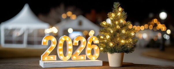 New year celebration 2026 outdoor festival holiday decorations nighttime festive atmosphere